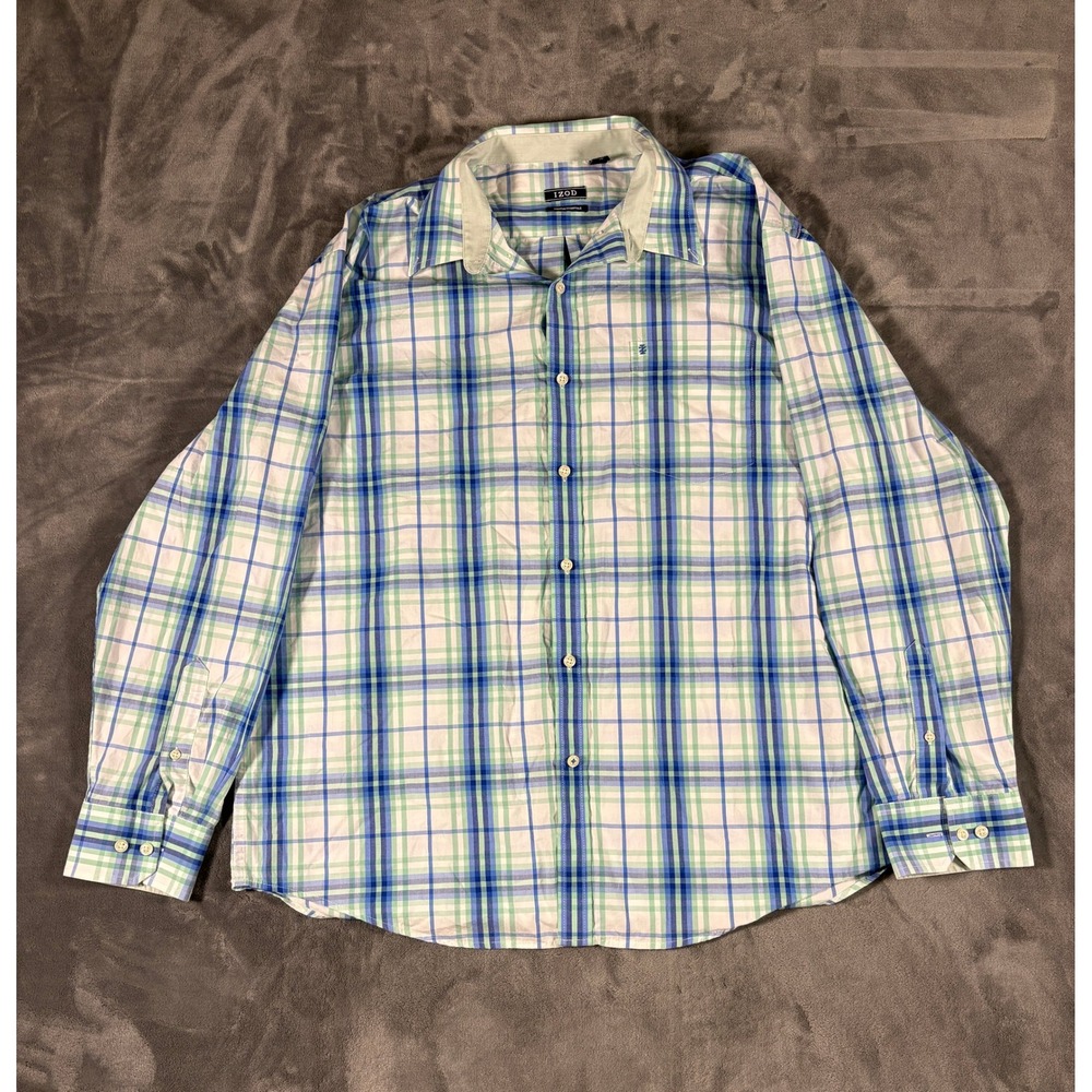 IZOD Mens Premium Essentials Button Down Shirt XL Blue Green Plaid Cotton Blend